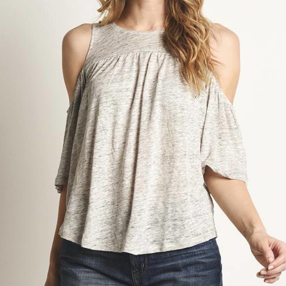 BB Dakota Women's Heather Gray Linen Cold Shoulder Lace Up Back Oliana Top sz M - Picture 2 of 5